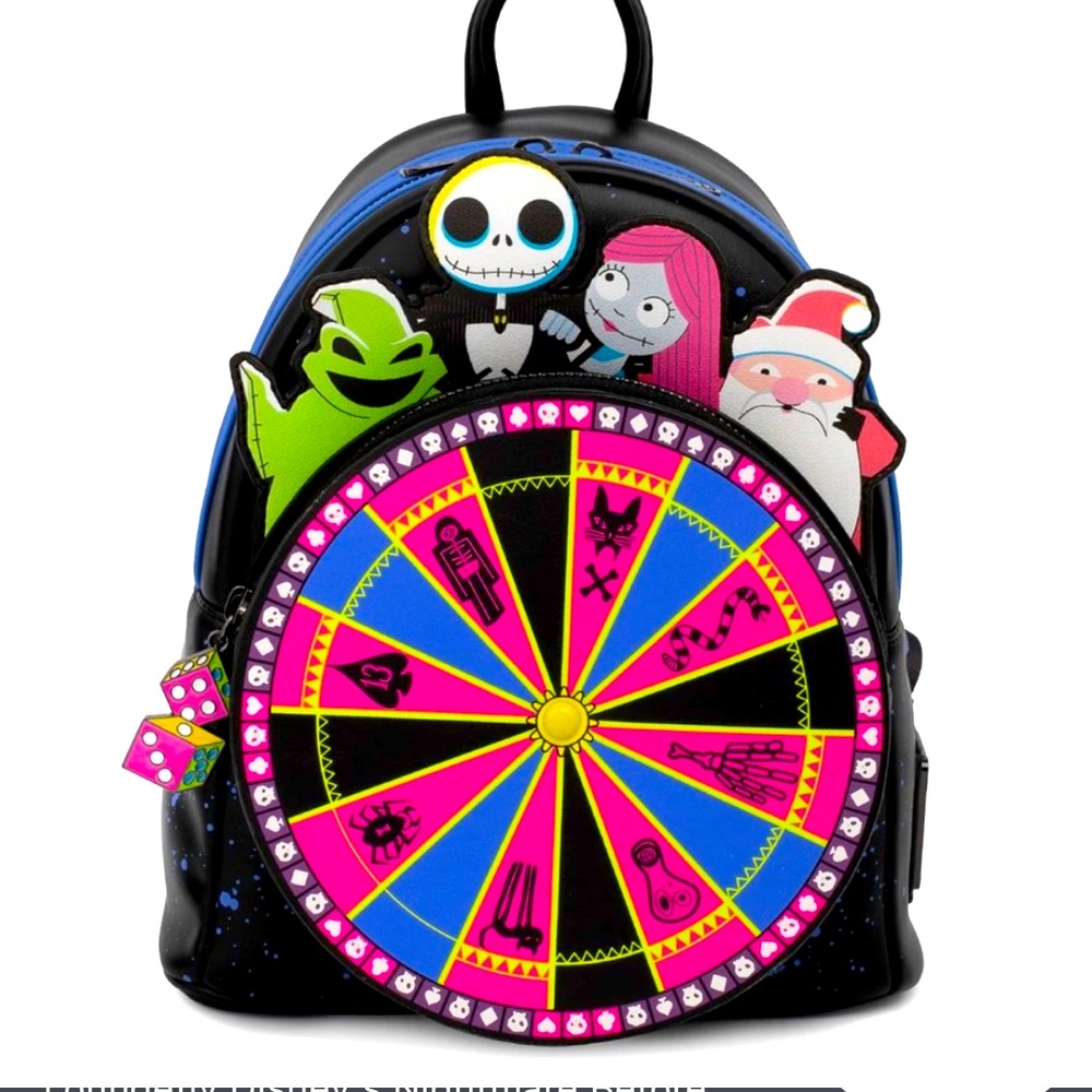 Loungefly Oogie Boogie(Moving roulette) Mini backpack! BNIB !🖤💜💚💙💀🎃🎲🐛